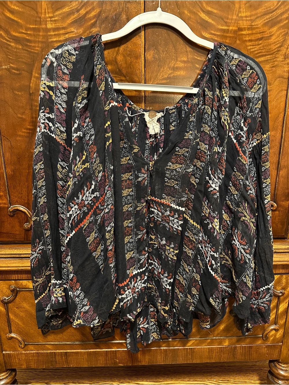 Free People Black Printed Peasant Blouse